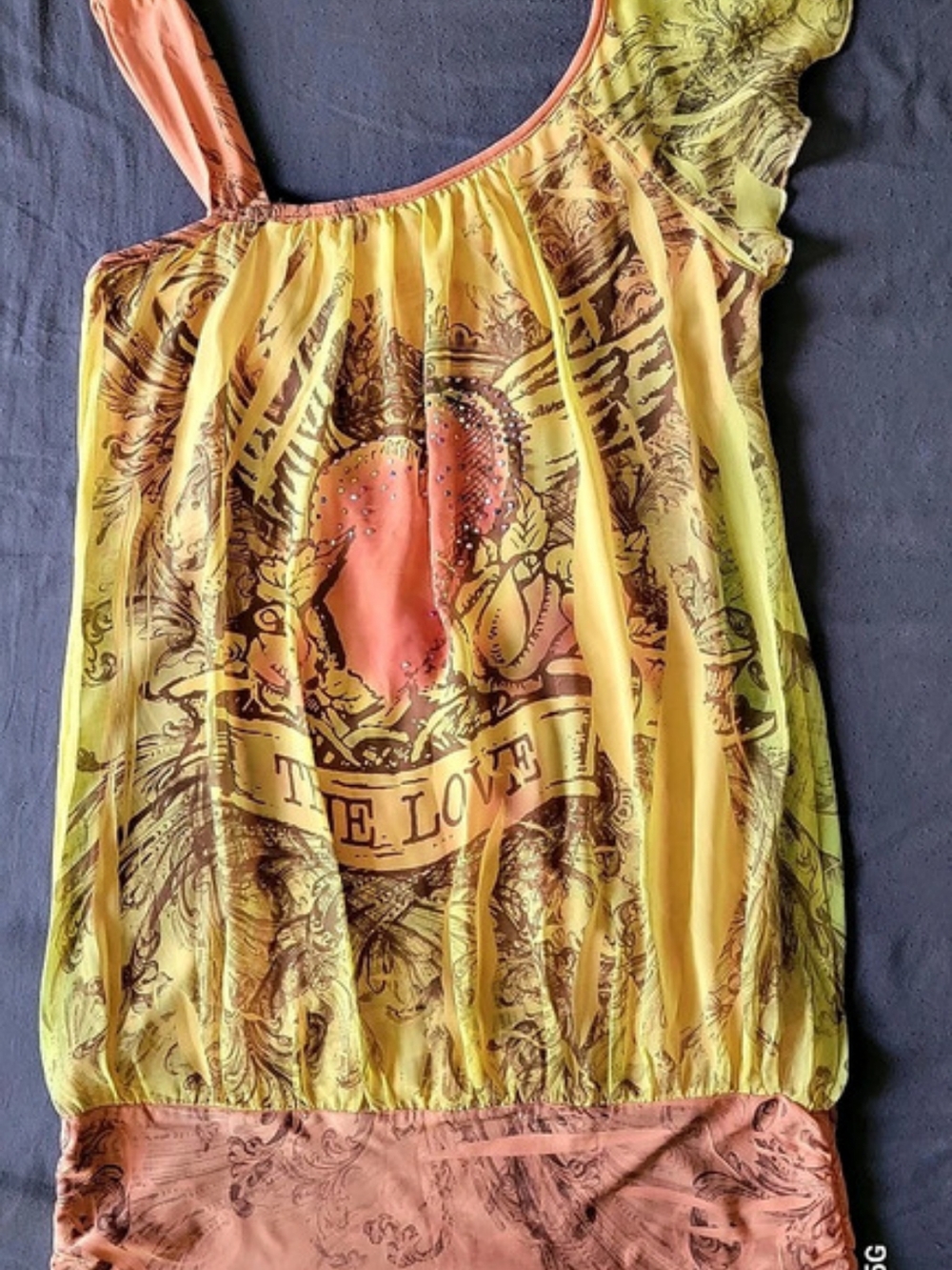 Yellow Coral Asymmetrical Boho Top Rhinestone Embellished Floral Print Size Smal